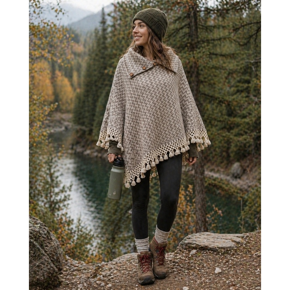 Vintage Chevron Wool Knit Button Collar Poncho Tassel‎ Fringe Taupe Cream Boho